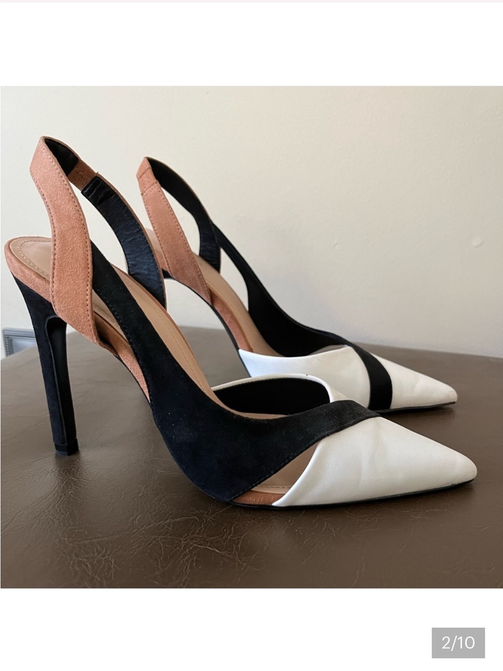 Zara Three-Tone Pointed Toe Slingback Heels - Black, White & Tan